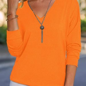 V Neck Long Sleeve Plain Regular Micro-Elasticity Loose Blouse For Women, Blouses, color:Orange Red|size:XXL, catalog Noracora shop