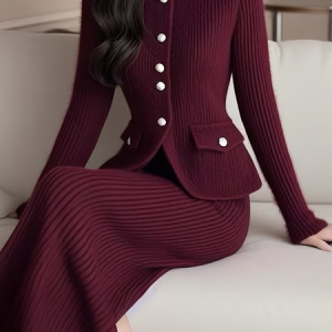 High Elasticity Crew Neck Buttoned Elegant Sweater Cardigan, Cardigans, color:Wine Red|size:XXL, Stylewe