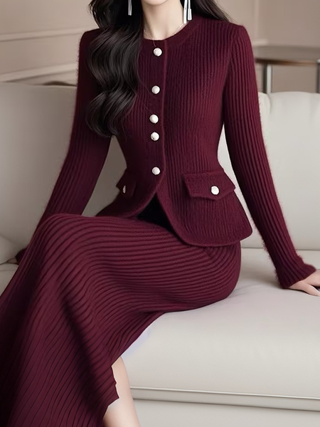 High Elasticity Crew Neck Buttoned Elegant Sweater Cardigan, Cardigans, color:Wine Red|size:XXL, Stylewe
