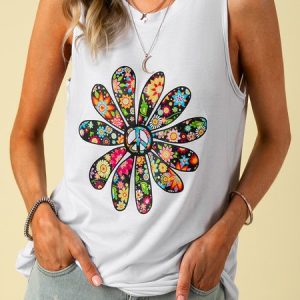 Floral-Print Cotton-Blend Casual Crew Neck Tops, Tops, color:White|size:XXL, catalog Noracora shop