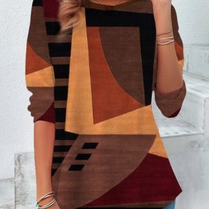 Women's Long Sleeve T-shirt Spring/Fall Brown Colorblock Jersey Crew Neck Daily Going Out Casual Top, Long sleeves, Lilicloth.com