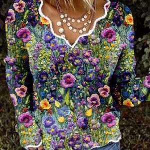 V Neck Long Sleeve Floral Regular Micro-Elasticity Loose Blouse For Women, Blouses, color:Deep Green|size:4XL, catalog Noracora shop