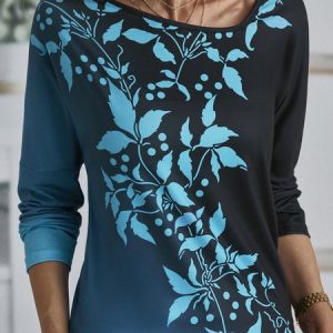 Leaves Casual V Neck Long Sleeve T-Shirt, T-shirts, color:Blue|size:XXL, catalog Noracora shop