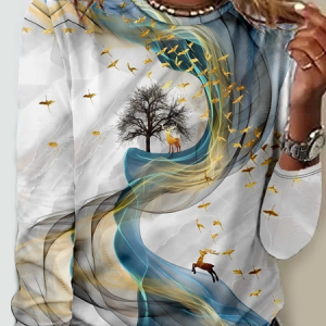Loose Jersey Casual Abstract T-Shirt, Long sleeves, Lilicloth.com