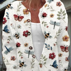 Women Knitted Flower And Animals Print Long Sleeve Comfy Casual Cardigan, Cardigans, color:White|size:5XL, catalog Noracora shop