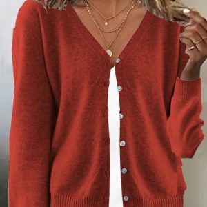 Women Yarn/Wool Yarn Plain Long Sleeve Comfy Casual Buckle Cardigan, Cardigans, color:Red|size:XXL, catalog Noracora shop
