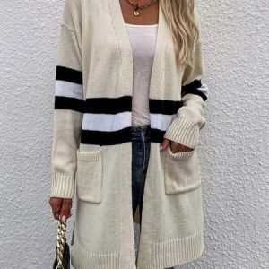 Women Wool/Knitting Striped Long Sleeve Comfy Casual Cardigan, Cardigans, color:Apricot|size:XXL, catalog Noracora shop
