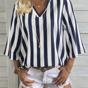 Striped V Neck Printing Casual Shirt, Blouses, color:stripe-blue|size:XXL, catalog Noracora shop