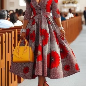 V Neck Elegant Three Quarter Sleeve Floral Dress, Midi Dresses, color:As Picture|size:XXL, Stylewe