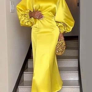 Crew Neck Balloon Sleeve Plain Elegant Regular Fit Party Dress, Maxi Dresses, color:Yellow|size:XXL, Stylewe