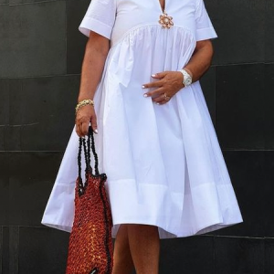 Vacation Floral Brooch Loose Plain Midi Dress, Midi Dresses, color:Red|size:XXL, Stylewe