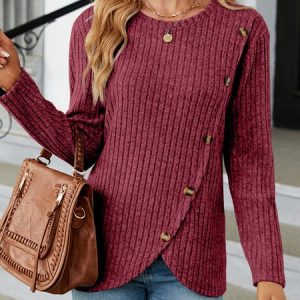 Casual Plain Crew Neck Long Sleeve T-shirt, T-shirts, color:Wine Red|size:XXL, catalog Noracora shop