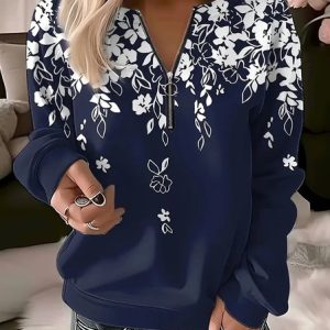 Casual V Neck Floral Sweatshirt Zipper, Hoodies & Sweatshirts, color:Purplish blue|size:5XL, catalog Noracora shop