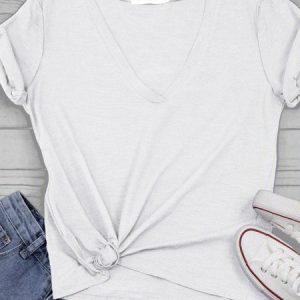Women Summer V neck Loose T Shirt Tops, T-shirts, color:White|size:4XL, catalog Noracora shop
