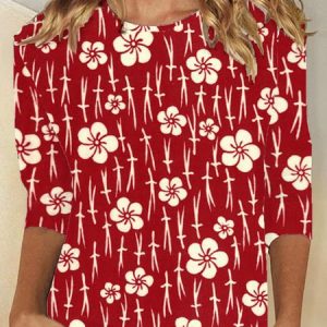 Casual Floral Crew Neck Long Sleeve T-shirt, T-shirts, color:Wine Red|size:XXL, catalog Noracora shop