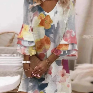 Women Floral V Neck Three Quarter Sleeve Comfy Casual Mini Dress, Dresses, color:White|size:5XL, catalog Noracora shop