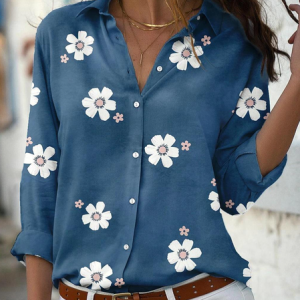 Shirt Collar Long Sleeve Floral Regular Loose Shirt For Women, Shirts, color:Blue|size:3XL, catalog Noracora shop