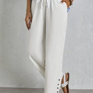 Plain Lace Edge Buckle Casual Pants, Pants, color:White|size:XXL, catalog Noracora shop