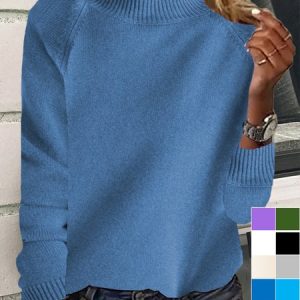 Women's Spring/Fall Plain Casual Long Sleeve Turtleneck Yarn/Wool Yarn Sweater, JustFashionNow Sweaters, color:Blue|size:XXL,