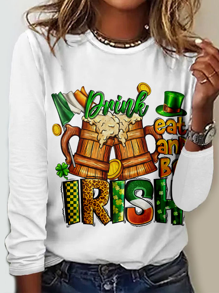 Women's St Patricks Day Gnome Long Sleeve Crew Neck T-shirt, JustFashionNow T-Shirts, color:Color3|size:5XL,