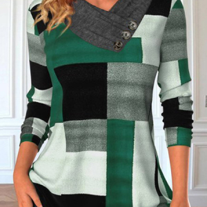 V Neck Long Sleeve Plaid Regular Micro-Elasticity Loose Blouse For Women, Blouses, color:Green|size:XXL, catalog Noracora shop
