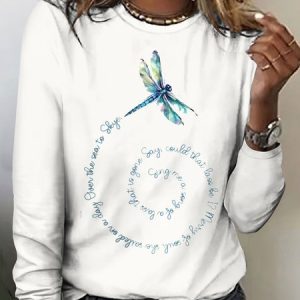 Vintage Dragonfly Pattern Crew Neck Long Sleeve T-shirt, T-shirts, color:White|size:5XL, catalog Noracora shop