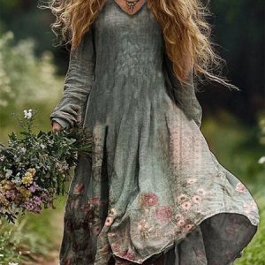 Floral Print Long Sleeve V-neck Dress, Dresses, Lilicloth.com