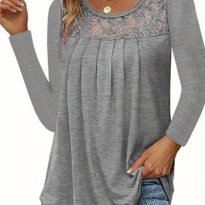 Crew Neck Long Sleeve Plain Regular Micro-Elasticity Loose Blouse For Women, Blouses, color:Gray|size:5XL, catalog Noracora shop