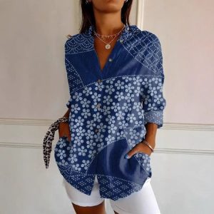 Shirt Collar Long Sleeve Geometric Regular Loose Shirt For Women, Shirts, color:Deep Blue|size:5XL, catalog Noracora shop