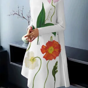 Elegant Floral Dress With Pocket, Midi Dresses, color:White|size:XXL, Stylewe