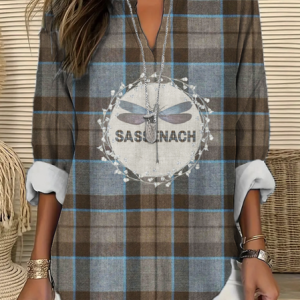 V Neck Long Sleeve Plaid Regular Micro-Elasticity Regular Fit Shirt For Women, Shirts, color:Brown|size:5XL, catalog Noracora shop
