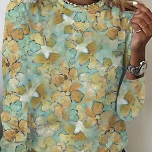 Casual Floral Crew Neck Long Sleeve T-shirt, T-shirts, color:Green|size:XS, catalog Noracora shop