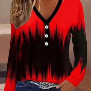 Casual Ombre V Neck Long Sleeve T-shirt, T-shirts, color:Red|size:5XL, catalog Noracora shop