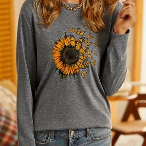 Sunflower Long sleeve Crew Neck T-Shirt, T-shirts, color:Gray|size:XXL, catalog Noracora shop