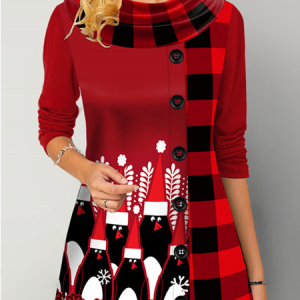 Crew Neck Long Sleeve Plaid Regular Micro-Elasticity Loose Blouse For Women, T-shirts, color:Red|size:5XL, catalog Noracora shop