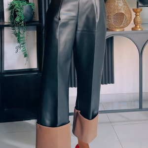 PU Micro-Elasticity Loose Color Block Urban Faux Leather Long Pants, Pants, color:Black|size:XXL, Stylewe