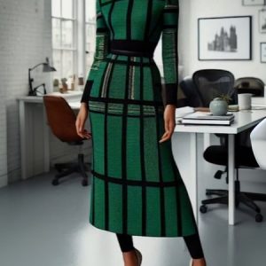 Plaid Urban Turtleneck Sweater Midi Dress, Midi Dresses, color:Green|size:XXL, Stylewe