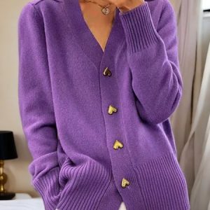 Women Yarn/Wool Yarn Plain Long Sleeve Comfy Casual Buttoned Cardigan, Cardigans, color:Purple|size:XL, catalog Noracora shop