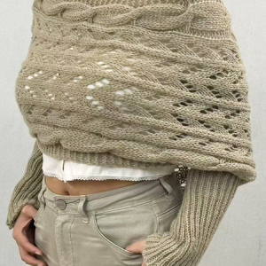 Women Plain Long Sleeve Comfy Vintage Sweater, Sweaters, color:Light Khaki|size:One-size, catalog Noracora shop