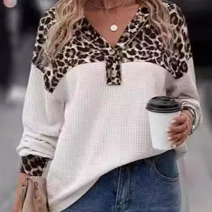 V Neck Long Sleeve Leopard Regular Micro-Elasticity Loose Blouse For Women, Blouses, color:White|size:XXL, catalog Noracora shop