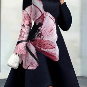 Regular Sleeve Regular Fit Elegant Floral Sweater Dress, Midi Dresses, color:Black-pink|size:XXL, Stylewe