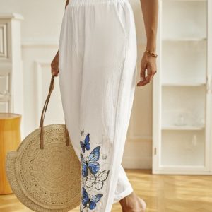 Butterfly Printed Casual Pants, Pants, color:White|size:XXL, catalog Noracora shop