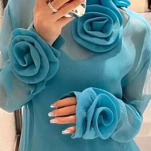 Plain 3D Floral Stand Collar Elegant Long Sleeve Blouse, Blouses and Shirts, color:Blue|size:XXL, Stylewe