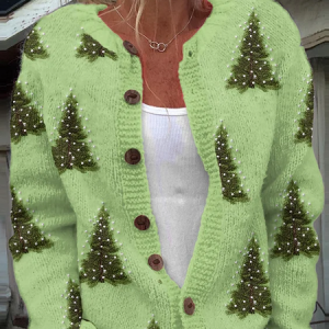 Women Christmas Knitted Color Block Long Sleeve Comfy Casual Cardigan, Outerwear, color:Green|size:5XL, catalog Noracora shop