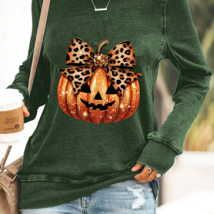 Leopard Coquette Bow Pumpkin Print Casual Sweatshirt, Hoodies&Sweatshirts, Lilicloth.com