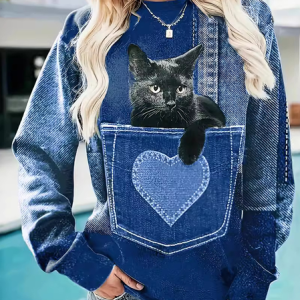 Casual Crew Neck Cat Sweatshirt Zipper, Hoodies & Sweatshirts, color:Navyblue|size:5XL, catalog Noracora shop