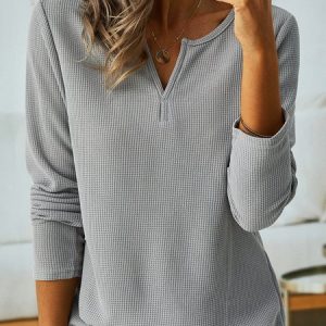 Vintage Solid Long Sleeve V Neck Top, T-shirts, color:Pink|size:XXL, catalog Noracora shop