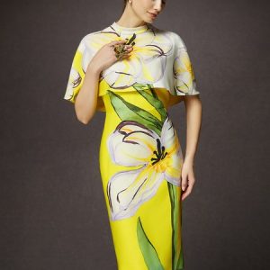 Floral Elegant Crew Neck Split Joint Midi Dress, Midi Dresses, color:Yellow|size:XXL, Stylewe