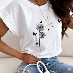 Casual Dandelion Printed Crew Neck T-Shirt, T-shirts, color:White|size:XXL, catalog Noracora shop