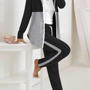 Women's Color Block Daily Going Out Two Piece Set Long Sleeve Casual Spring/Fall Coat With Pants Matching Set, JustFashionNow Suit Set, color:Black|size:XXL,